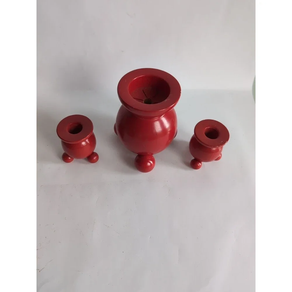 Vtg Scandinavian Red Candlestick Taper Candle Holders Sweden Nordic Set of 3